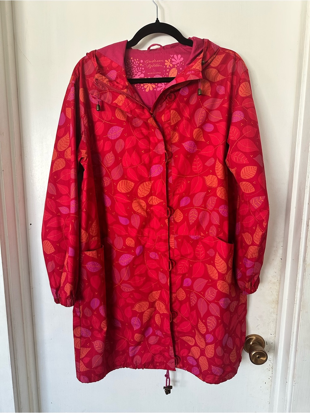 Gudrun Sjoden Red Fuschia Leaf-Print Organic Cotton Hooded Raincoat Size S - Picture 2 of 7